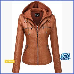 Faux Leather Moto Biker Jacket with Detachable Hood Slim Fit